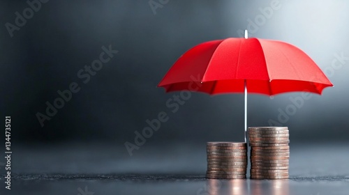Wallpaper Mural A vibrant red umbrella stands over stacks of coins, symbolizing protection and privacy in banking. The dark background emphasizes the importance of safeguarding financial assets in today's world. Torontodigital.ca