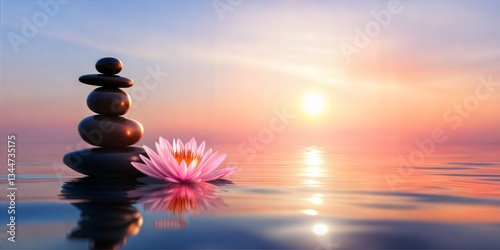 Tranquil lotus flower floating beside stacked stones at sunset   photo