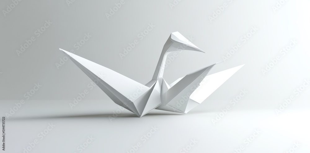 Naklejka premium A detailed white origami crane sits on a smooth bright surface