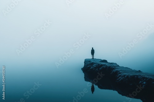 Reflections on calm water at dawn with solitary figure by the misty shore