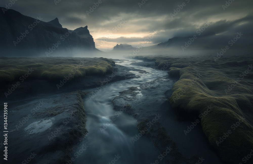 Obraz premium Breathtaking landscape of mountains and water under dark clouds