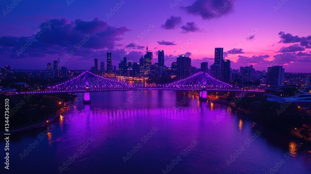 Fototapeta premium Twilight city skyline, illuminated bridge, river reflection, vibrant sunset