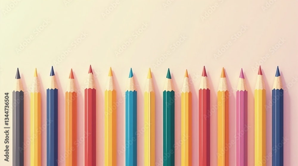 Row of colorful pencils with sharpened tips on a light background Row of colorful pencils with sharpened tips on a light background