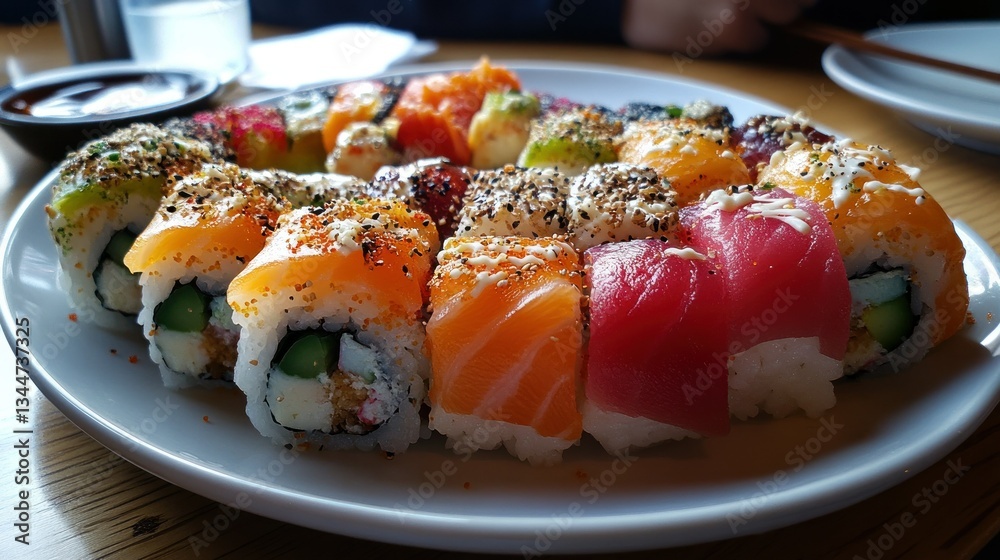 Colorful array of sushi rolls arranged in a circle on a white plate Colorful array of sushi rolls arranged in a circle on a white plate