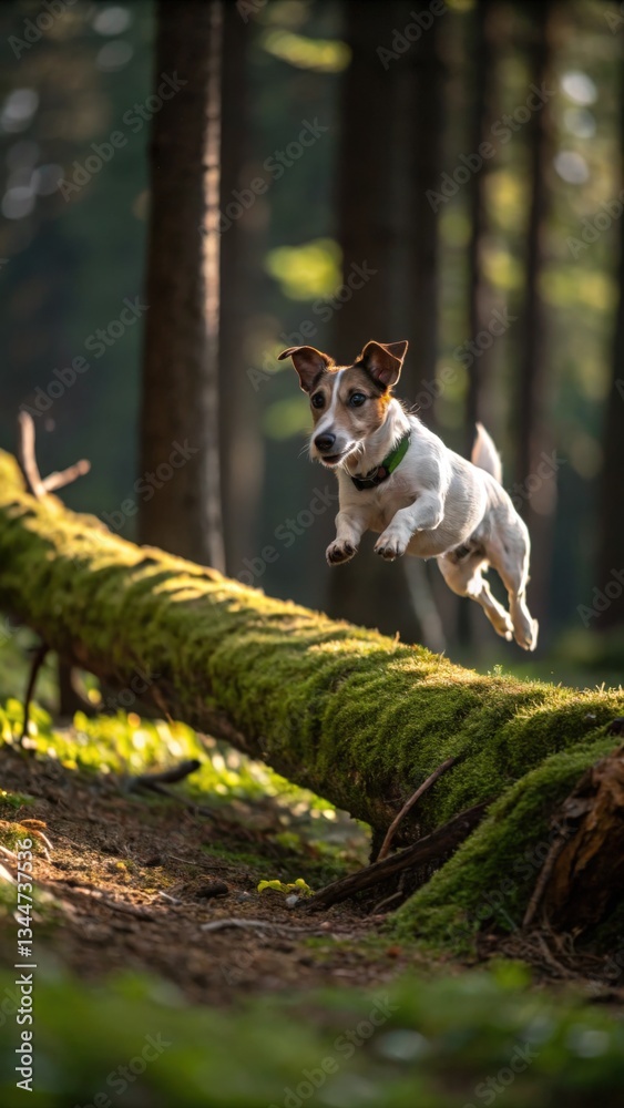 Fototapeta premium Dog jumping over mossy log in forest action photography nature scene vibrant environment dynamic perspective