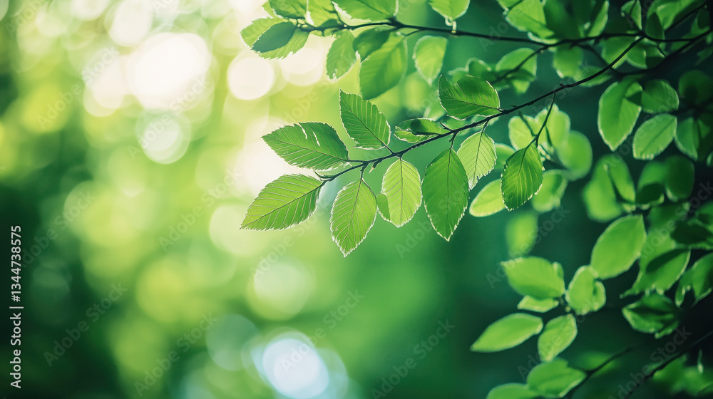 Obraz premium Fresh Green Leaves Bathed in Sunlight, Set Against a Blurred Forest Background, Creating a Peaceful and Vibrant Natural Atmosphere