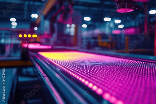 Close-up of an industrial laser machine creating colorful pink and yellow glowing neon lights