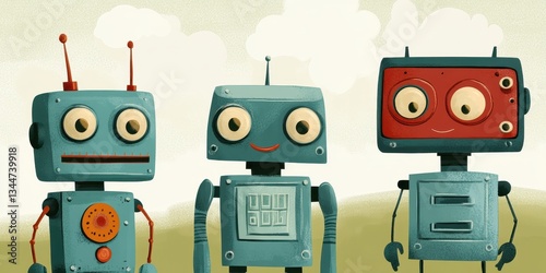 Three friendly robots are standing together in an outdoor scene