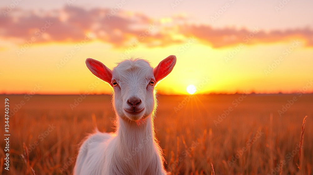 A close-up of a goat amidst lush grasses under the golden sun, with fluffy clouds in the soft sky A close-up of a goat amidst lush grasses under the golden sun, with fluffy clouds in the soft sky
