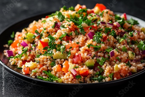 Delicious Tabbouleh Salad with Parsley Tomatoes and Cucumber on Black Plate