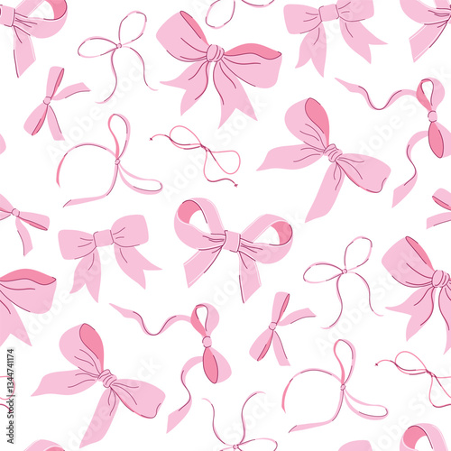 Pink bows seamless pattern. Cute minimalistic coquette bows. Vintage ribbon print for party decoration, gift wrapping, textile. Hand drawn flat design vector illustration.
