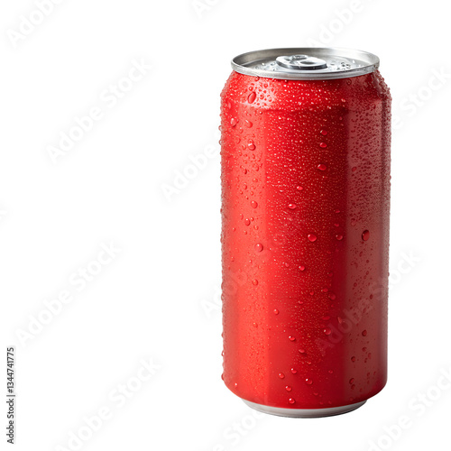 A chilled red aluminum soda can with water droplets, isolated on white or transparent PNG. Ideal for summer refreshment ads and beverage branding.