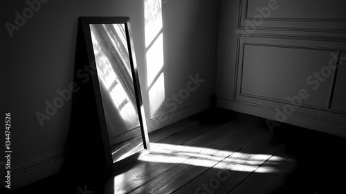 Black and white photo of a mirror in a room's corner with a lengthy shadow on the wall. Shadow Mirror. Illustration