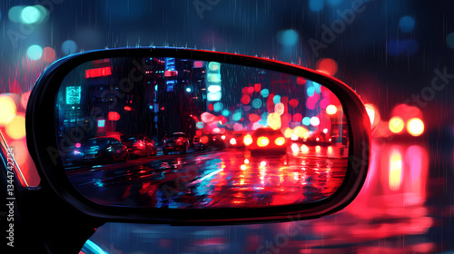 Blurred city night lights reflected in car side mirror, vibrant urban scene, colorful reflections in rainy city street. Shadow Mirror. Illustration