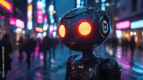 Wallpaper Mural Futuristic robot observes a bustling city street at night Torontodigital.ca
