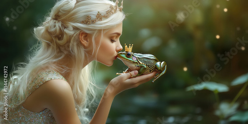 Young beautiful princess kissing a frog. Fairytale illustration.