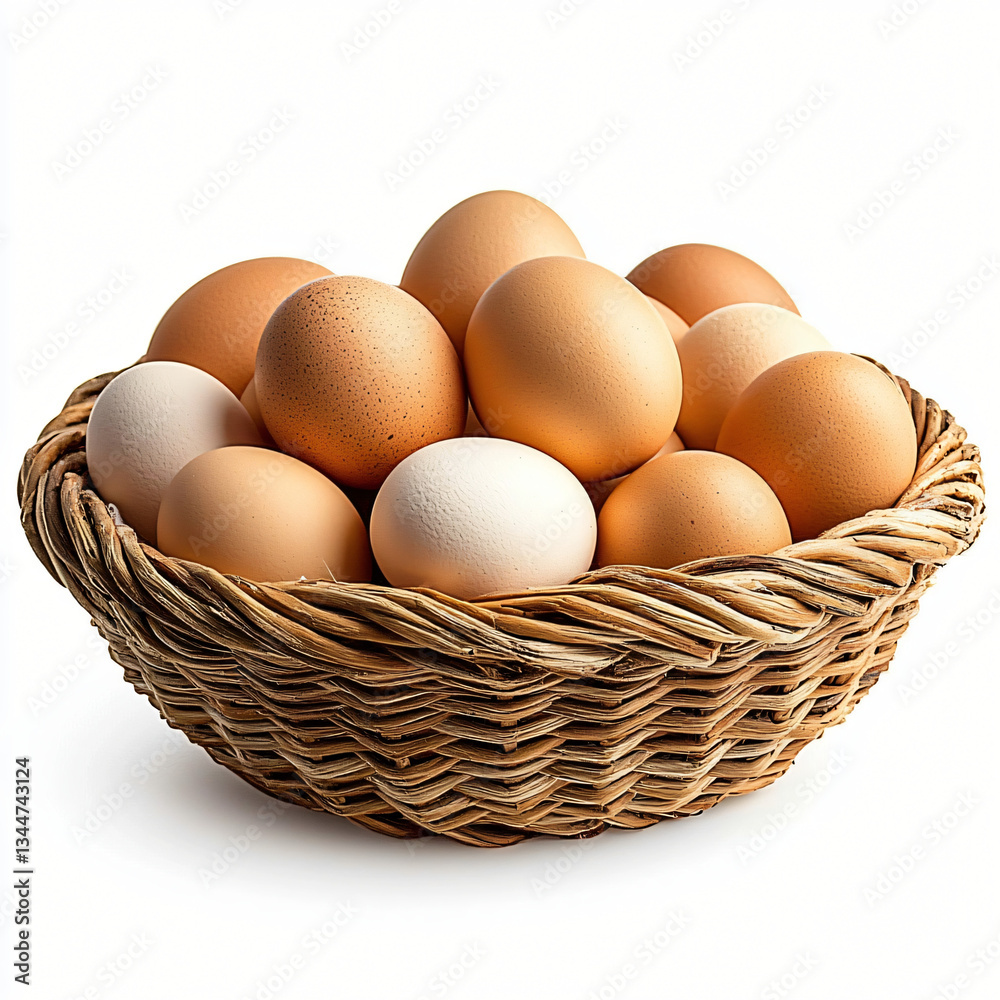 A rustic woven basket filled with fresh chicken eggs, perfect for farm-to-table promotions, Easter, cooking blogs, and natural product advertisements. A rustic woven basket filled with fresh chicken eggs, perfect for farm-to-table promotions, Easter, cooking blogs, and natural product advertisements.