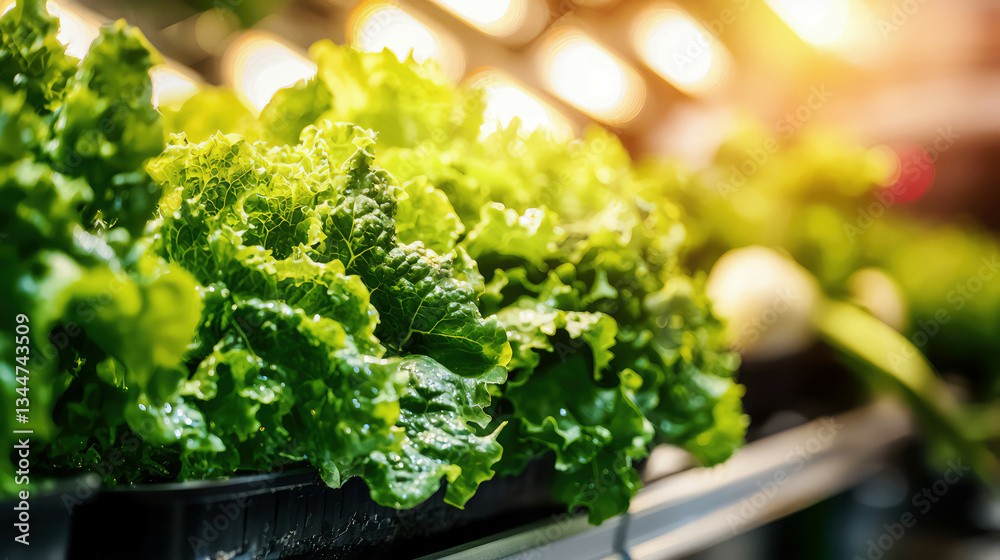 Vertical farming facility with multi-layered trays, fresh vegetables growing under glowing LED lights Vertical farming facility with multi-layered trays, fresh vegetables growing under glowing LED lights