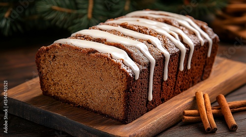 whole gingerbread loaf beside cut slices on wooden tray
