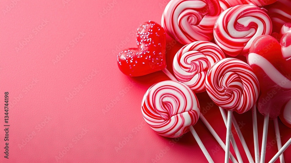 Red and white lollipops on a pink backdrop, with a heart-shaped candy Red and white lollipops on a pink backdrop, with a heart-shaped candy