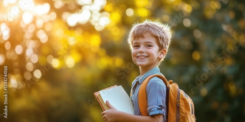Cheerful child wearing a school backpack on nature background. Young student with a book. First day of school concept.