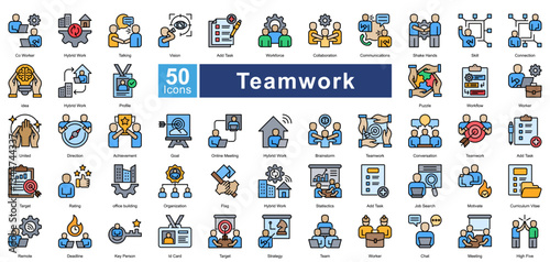 Teamwork icon set in lineal color style, featuring 50 icons of collaboration, communication, and workplace synergy. Perfect for project management, remote teams, and business strategy.