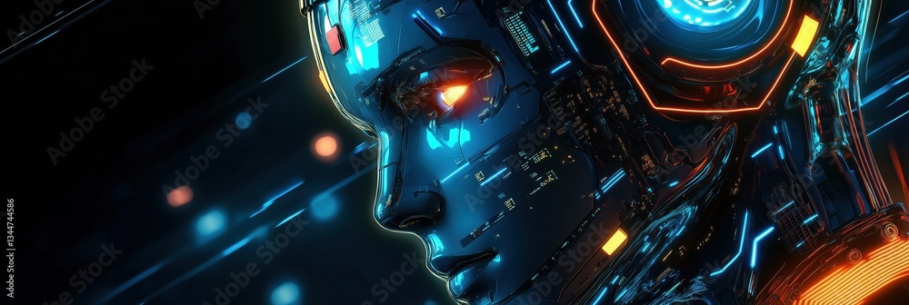 Fototapeta premium Innovative robotics symposium banner showcases sleek metal design for future technology