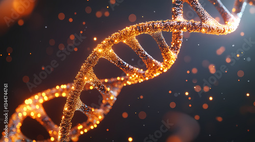 Glowing DNA Molecule with Orange and Yellow Particles