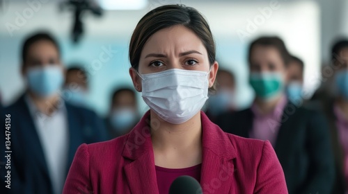 A woman wearing a mask speaks during a press conference, surrounded by masked individuals in a professional setting. photo