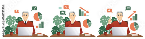 Mature business man using laptop computer sitting at desk. Problem solving concept. Isolated vector illustration set