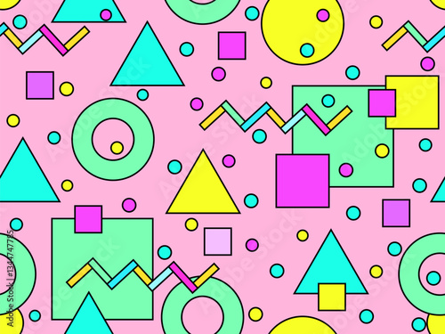 Seamless pattern with colorful geometric shapes with a black outline. Geometric pattern with Memphis elements in 80s style. Design of wallpaper, wrapping paper, and printing. Vector illustration
