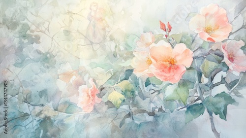 Watercolor Roses in Soft Light, Botanical Art, for Wallpaper or Greeting Cards