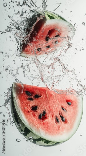 Watermelon slices splashing water, studio shot, refreshing summer drink ad