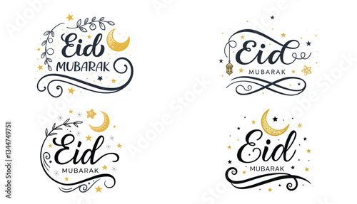 Collection of Elegant Eid Mubarak Calligraphy with Golden Crescent and Stars- EID MUBARAK Calligraphy 