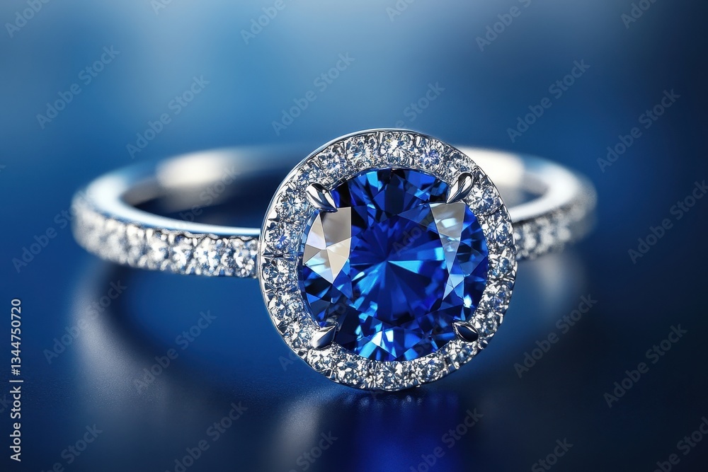 An elegant silver ring with a central blue gemstone sparkling An elegant silver ring with a central blue gemstone sparkling