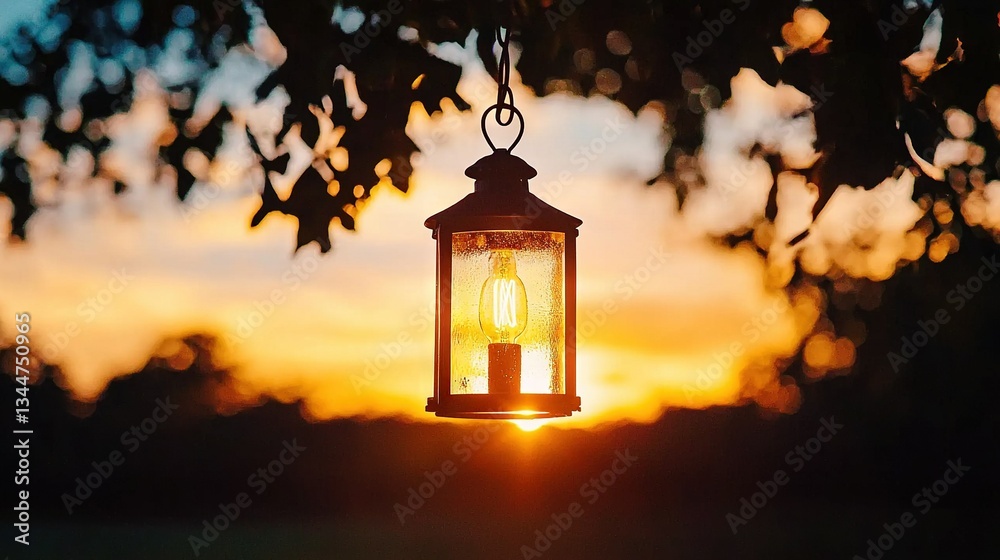 A lantern dangles from a tree, bathed in the glow of sunset behind it, with a branch in the foreground framing the scene A lantern dangles from a tree, bathed in the glow of sunset behind it, with a branch in the foreground framing the scene
