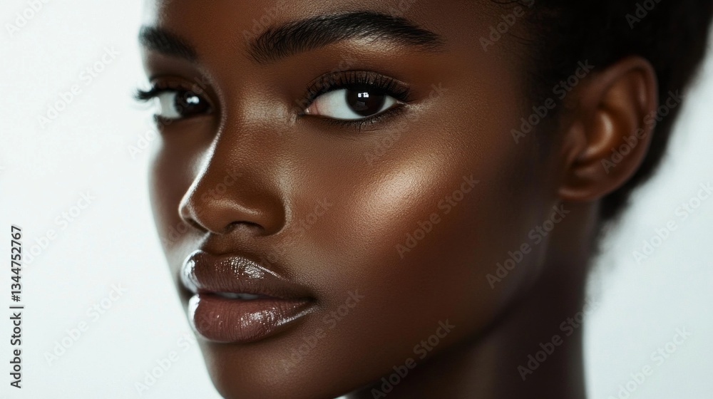 A close-up view highlights the striking features of a model with luminous skin, emphasizing her captivating eyes and smooth complexion. The soft lighting enhances her natural allure A close-up view highlights the striking features of a model with luminous skin, emphasizing her captivating eyes and smooth complexion. The soft lighting enhances her natural allure