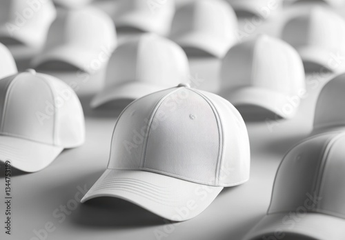 White Baseball Caps Mockup, Studio, Row, Background, Advertising