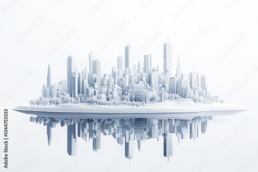 Naklejka premium A futuristic model city rests suspended with its reflection below