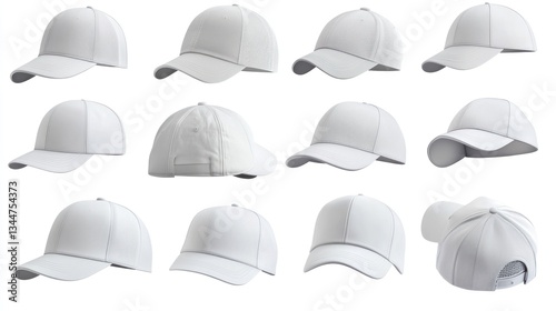 White baseball caps mockup; studio; various angles; apparel design