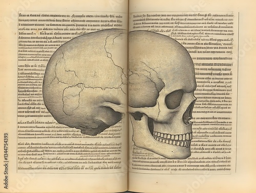 Anatomical Skull Illustration on Antique Book Pages.