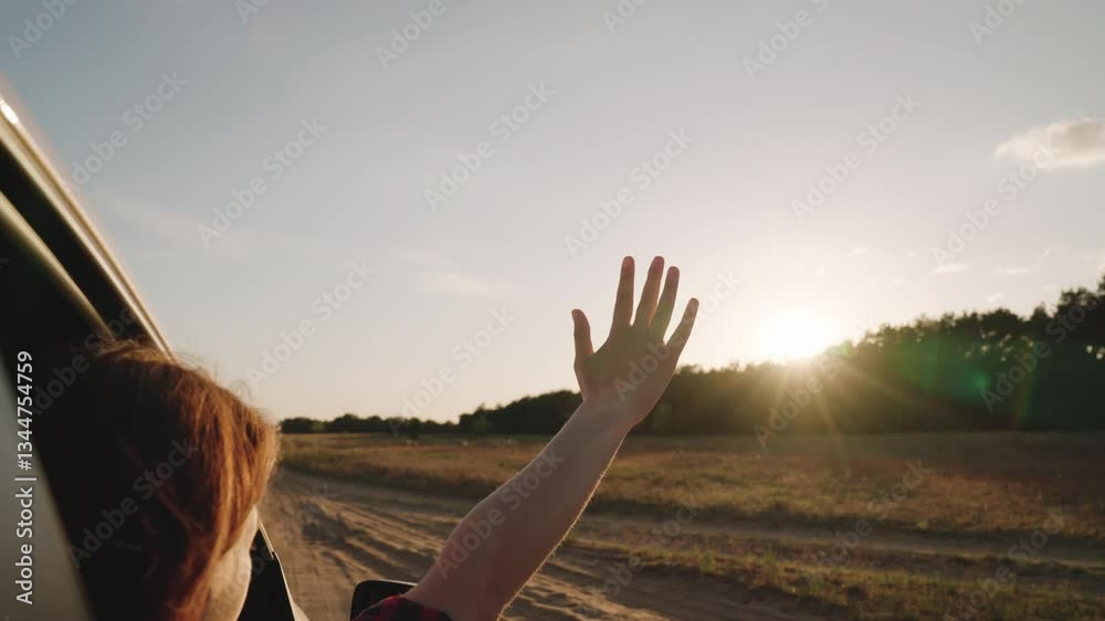 Sunlight Through Hair car, Woman Enjoying Nature, Hand Reaching Sky car window, Warm Golden Sunset, Wind Blowing Through Hair, Freedom Happiness, Peaceful Outdoor Moment, Summer Evening Glow, Serenity