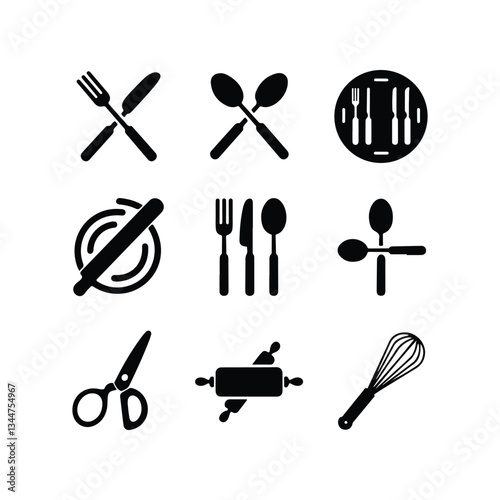 cutlery - fork, knife, spoon, teaspoon silhouette shape, set of black and white vector illustration, Continuous One Line Drawing. Spoons, Forks, Knife, Eating Utensils. Cooking Utensils Line Artvector