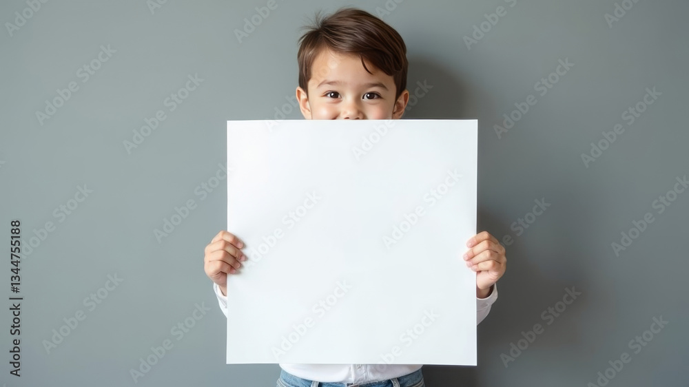 A child holds a white poster with text in his hands, covering half of his face under his eyes A child holds a white poster with text in his hands, covering half of his face under his eyes