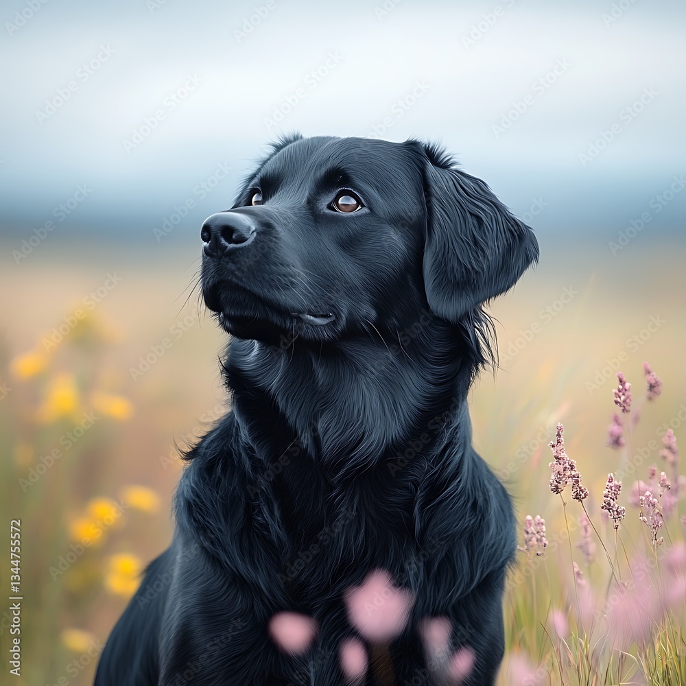 Black Dog in Wildflower Meadow. Black Dog in Wildflower Meadow.