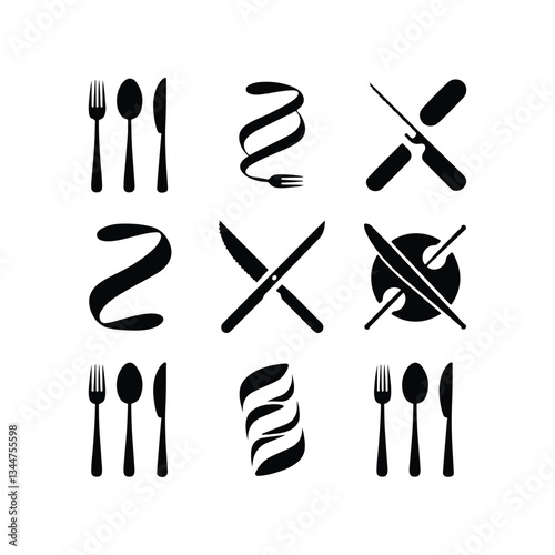 cutlery - fork, knife, spoon, teaspoon silhouette shape, set of black and white vector illustration, Continuous One Line Drawing. Spoons, Forks, Knife, Eating Utensils. Cooking Utensils Line Artvector