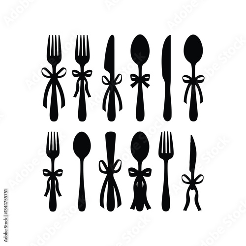 cutlery - fork, knife, spoon, teaspoon silhouette shape, set of black and white vector illustration, Continuous One Line Drawing. Spoons, Forks, Knife, Eating Utensils. Cooking Utensils Line Artvector