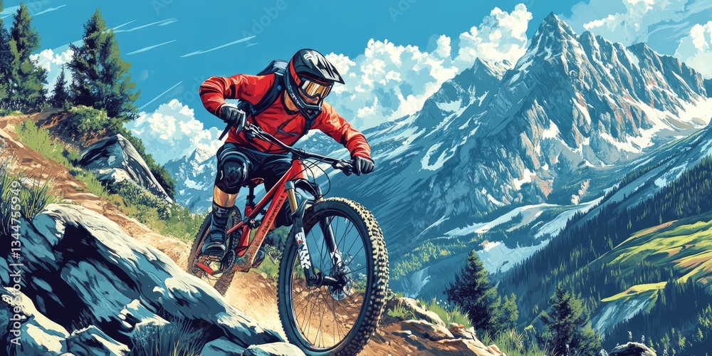 Naklejka premium Mountain Biker Soaring Through Alpine Terrain