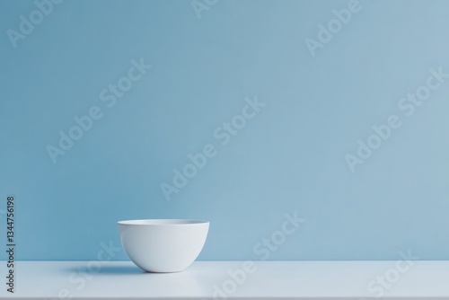 White bowl on table, blue wall background, minimalist studio shot, product display