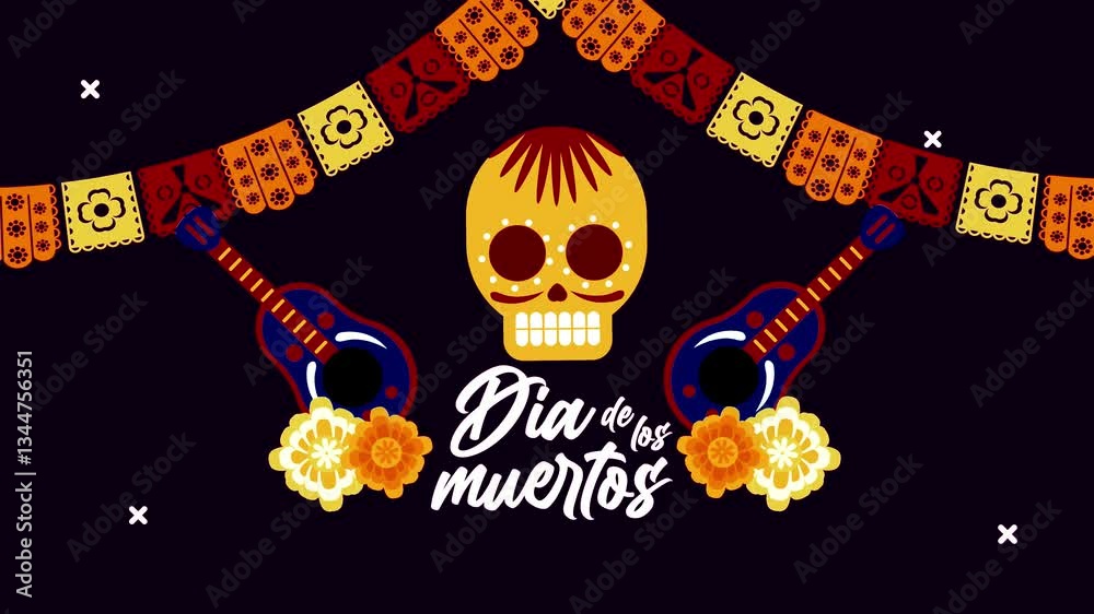 dia de los muertos celebration with skull head and flowers